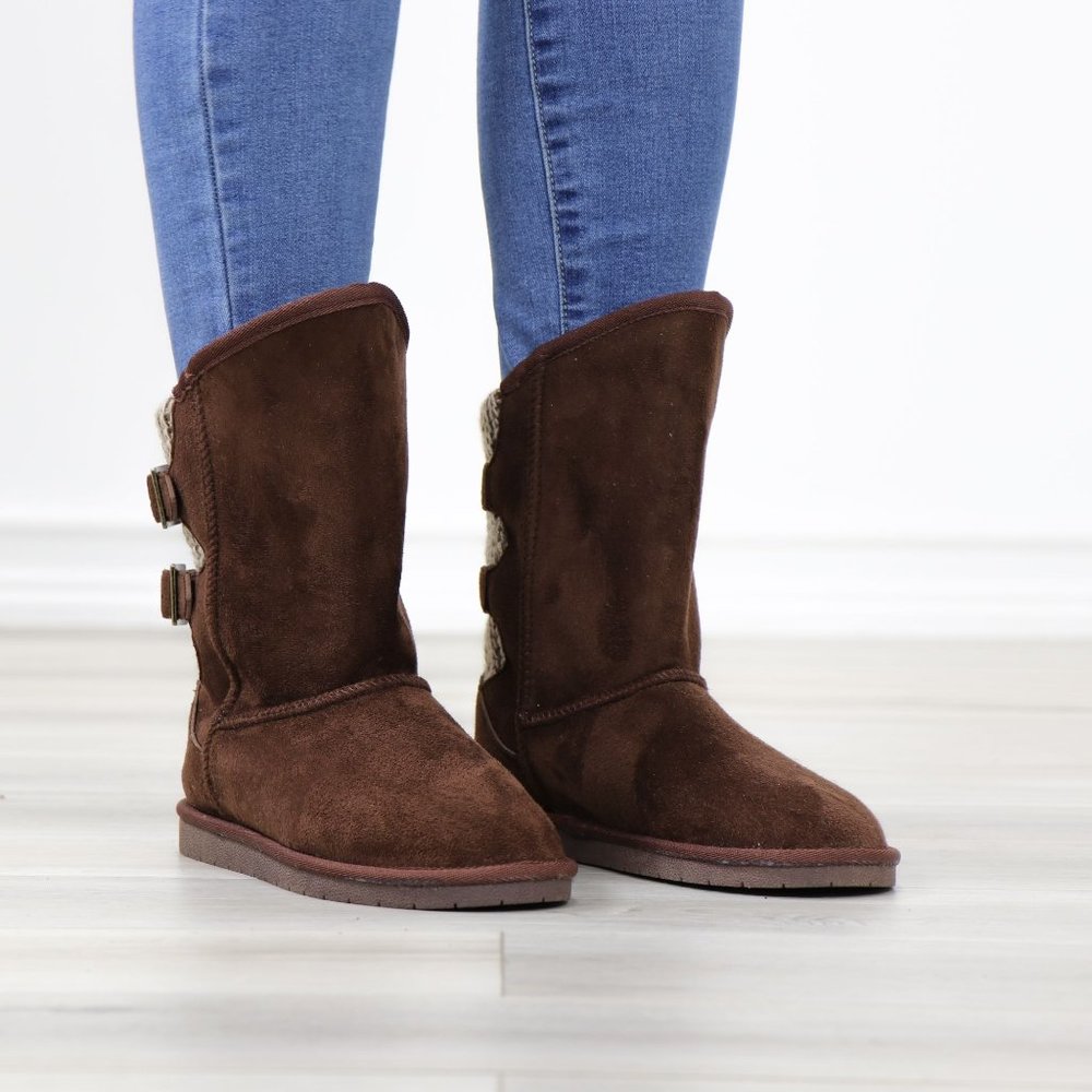 Brown Winter Warm Sherpa Lining Inside  No Heel Mid Calf Flat Boots - Picture 2 of 11